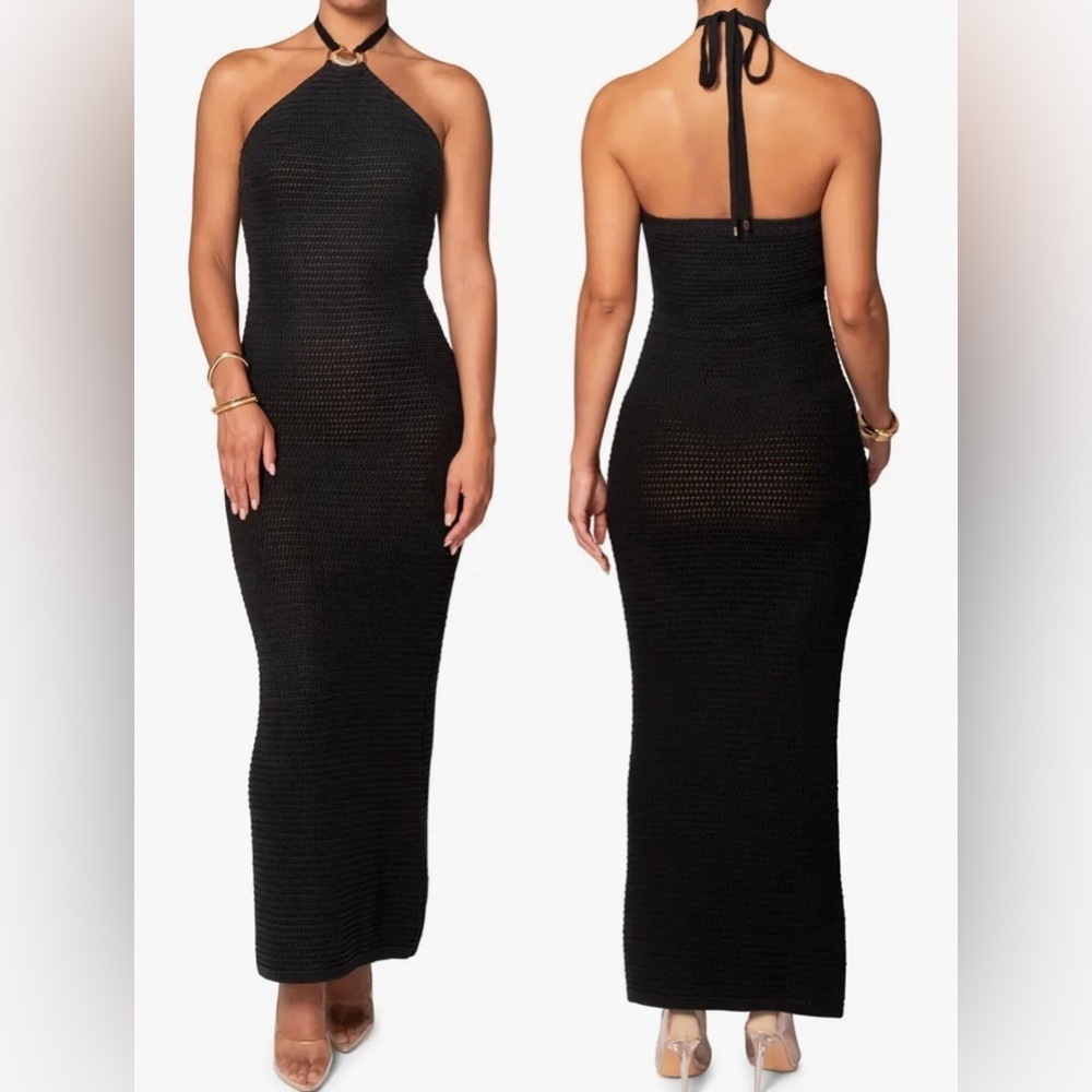 NWOT JLUXLABEL Overseas Halter Knitted Black Maxi Dress